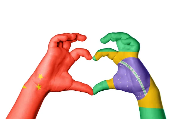 Κίνα Βραζιλία Καρδιά Χέρι Χειρονομία Κάνοντας Καρδιά Ψαλίδισμα Διαδρομή — Φωτογραφία Αρχείου