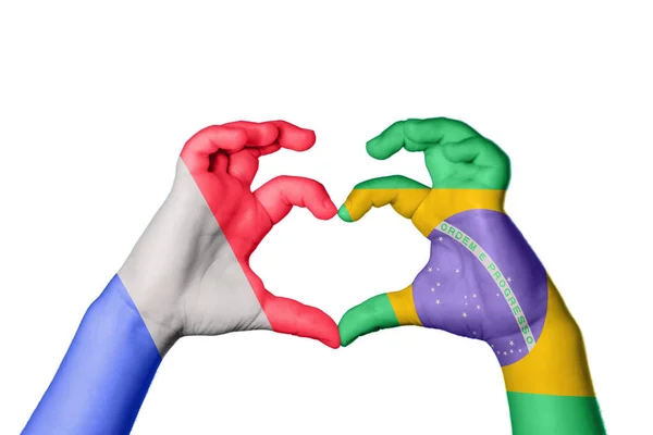 Franciaország Brazília Szív Kézmozdulatok Készítése Szív Vágási Útvonal — Stock Fotó