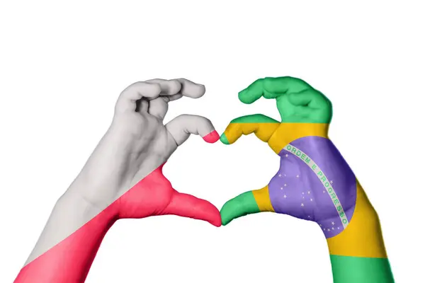 Πολωνία Βραζιλία Καρδιά Χέρι Χειρονομία Καθιστώντας Την Καρδιά Ψαλίδισμα Διαδρομή — Φωτογραφία Αρχείου