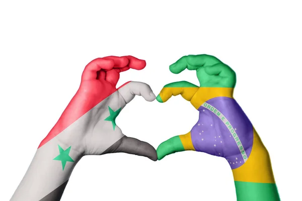 Syria Brazil Heart Hand Gesture Making Heart Clipping Path — Stock Photo, Image
