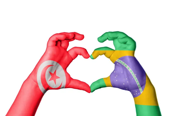 Tunisia Brazil Heart Hand Gesture Making Heart Clipping Path — Stock Photo, Image
