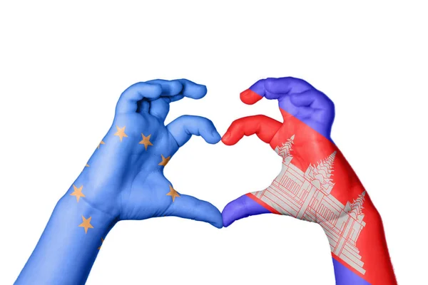 Європейський Союз Камбоджа Серце Жест Рук Робить Серце Відсікаючи Шлях — стокове фото