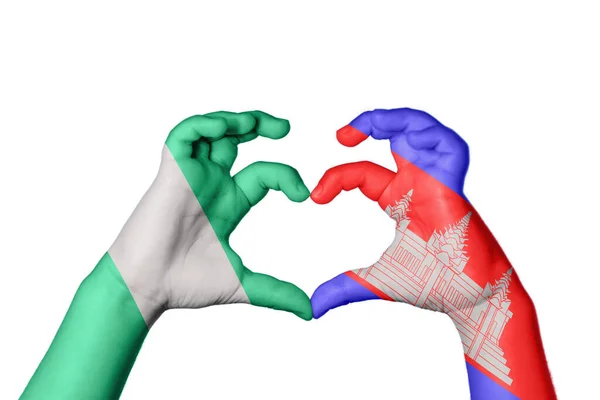 Nigeria Cambodia Heart Hand Gesture Making Heart Clipping Path — Stock Photo, Image