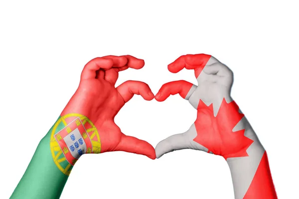 Πορτογαλία Καναδάς Καρδιά Χέρι Χειρονομία Κάνοντας Καρδιά Ψαλίδισμα Διαδρομή — Φωτογραφία Αρχείου