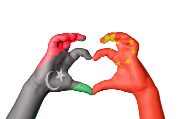 利比亚中国心 手手势造心 裁剪路径 — 图库照片