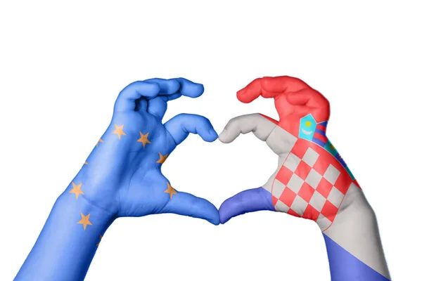 European Union Croatia Heart Hand Gesture Making Heart Clipping Path — Stock Photo, Image