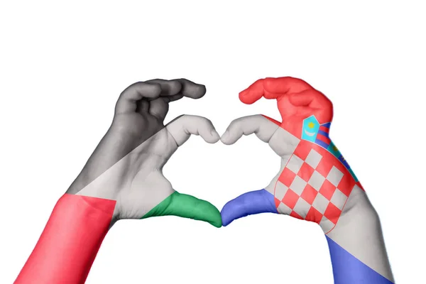 Palestina Kroatien Hjärta Hand Gest Att Göra Hjärta Klippbana — Stockfoto