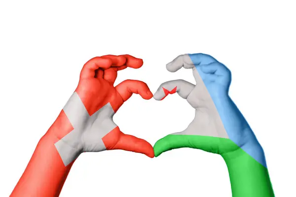 Ελβετία Τζιμπουτί Καρδιά Χέρι Χειρονομία Κάνοντας Καρδιά Ψαλίδισμα Μονοπάτι — Φωτογραφία Αρχείου