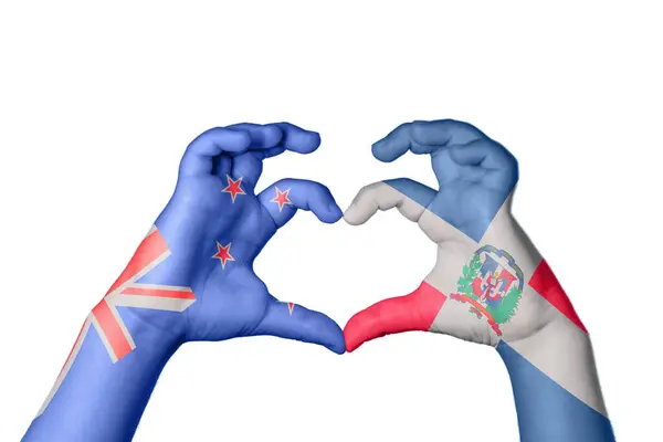 Νέα Ζηλανδία Δομινικανή Δημοκρατία Καρδιά Χέρι Χειρονομία Κάνοντας Καρδιά Ψαλιδίζοντας — Φωτογραφία Αρχείου