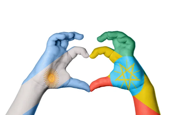 Argentina Etiopien Hjärta Hand Gest Att Göra Hjärta Klippbana — Stockfoto