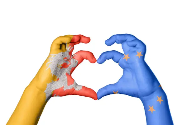 Bhutan European Union Heart Hand Gesture Making Heart Clipping Path — Stock Photo, Image