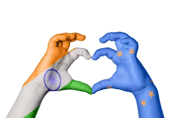 India Európai Unió Szív Kéz Gesztus Készítés Szív Vágási Útvonal — Stock Fotó