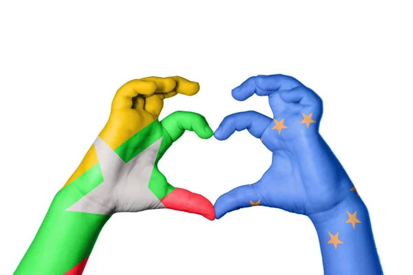 Myanmar European Union Heart Hand Gesture Making Heart Clipping Path — Stock Photo, Image