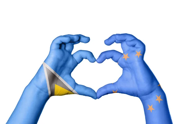 圣卢西亚欧洲联盟心脏 手举着手制造心脏 开辟道路 — 图库照片