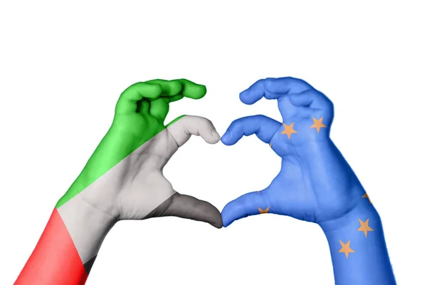 Ηνωμένα Αραβικά Εμιράτα Ευρωπαϊκή Ένωση Καρδιά Χέρι Χειρονομία Κάνοντας Καρδιά — Φωτογραφία Αρχείου