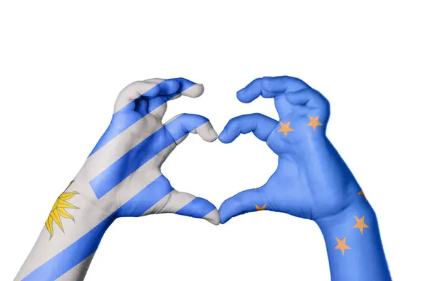 Uruguay Unión Europea Corazón Hacer Gestos Corazón Recortar Camino — Foto de Stock