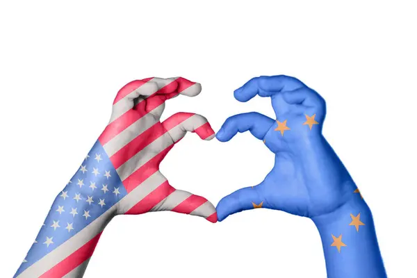 Usa European Union Heart Hånd Gestus Gør Hjerte Clipping Path - Stock-foto