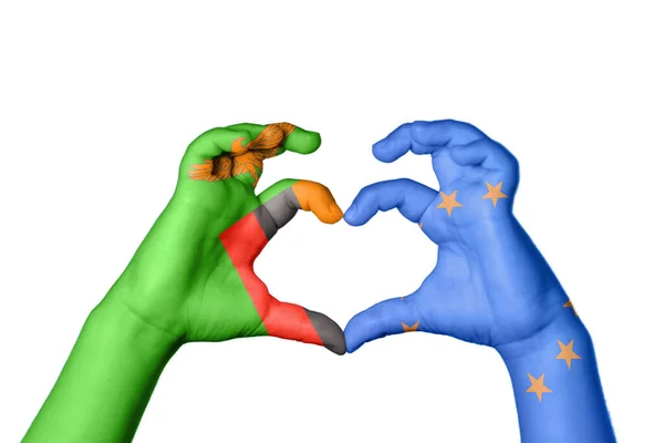 Zambia European Union Heart Hand Gesture Making Heart Clipping Path — Stock Photo, Image