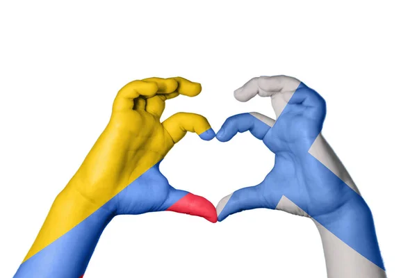 Kolumbia Finnország Szív Kézmozdulatok Készítése Szív Vágási Útvonal — Stock Fotó