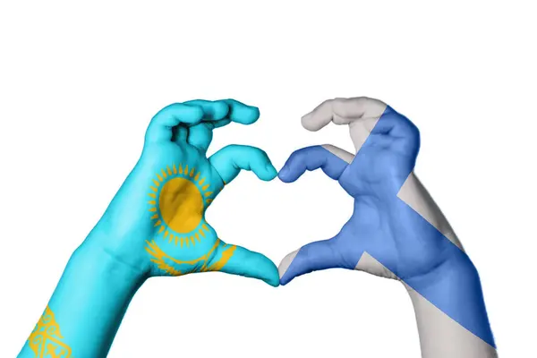 Kazakhstan Finland Heart Hand Gesture Making Heart Clipping Path — Stock Photo, Image