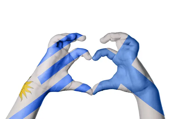Uruguai Finlândia Coração Mão Gesto Fazendo Coração Clipping Path — Fotografia de Stock
