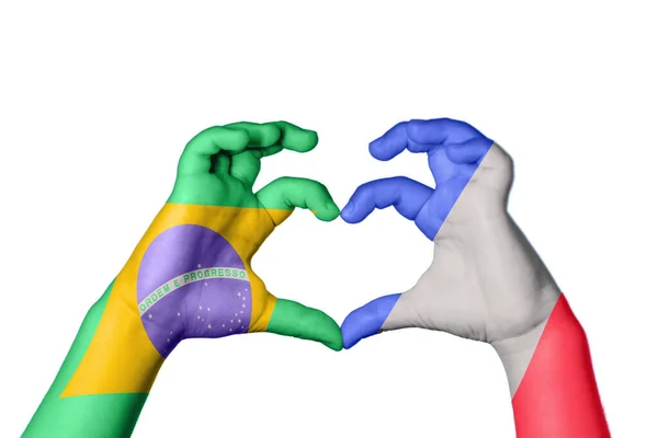 Brazília Franciaország Szív Kézmozdulatok Készítése Szív Vágási Útvonal — Stock Fotó