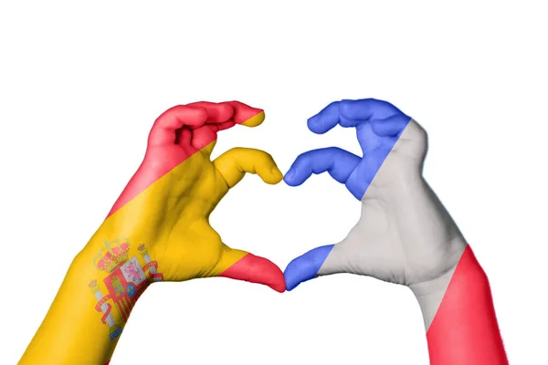 Spain France Heart Hand Gesture Making Heart Clipping Path — Stock Photo, Image