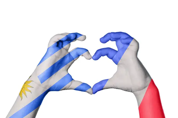 Uruguay France Heart Hand Gesture Making Heart Clipping Path — Stock Photo, Image