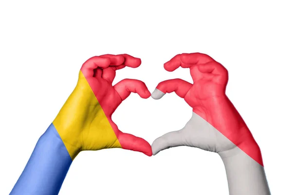 Romania Indonesia Heart Hand Gesture Making Heart Clipping Path — Stock Photo, Image