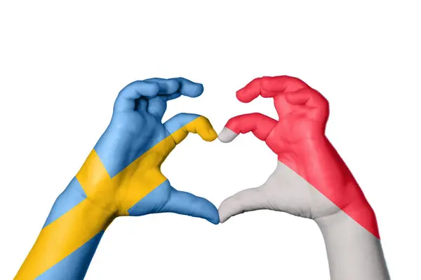Sweden Indonesia Heart Hand Gesture Making Heart Clipping Path — Stock Photo, Image