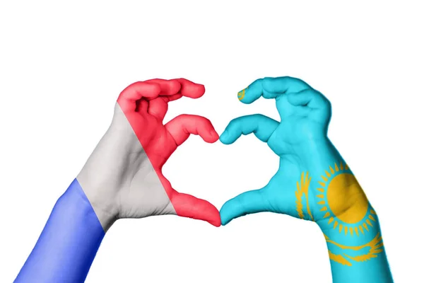 France Kazakhstan Heart Hand Gesture Making Heart Clipping Path — Stock Photo, Image
