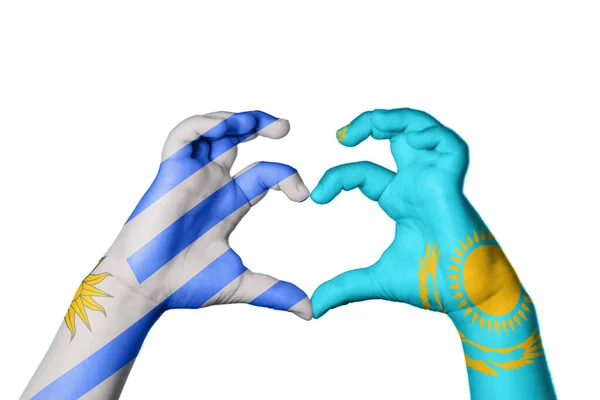 Uruguay Kazakstan Hjärta Hand Gest Att Göra Hjärta Klippning Vägen — Stockfoto
