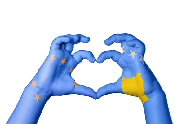 European Union Kosovo Heart Hand Gesture Making Heart Clipping Path — Stock Photo, Image