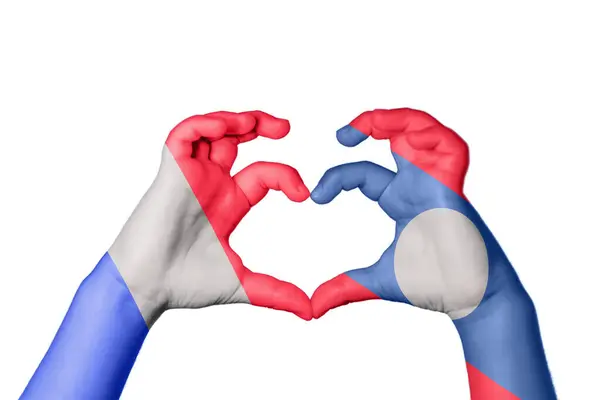France Laos Heart Hand Gesture Making Heart Clipping Path — Stock Photo, Image