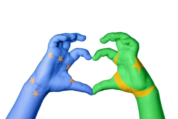 Ευρωπαϊκή Ένωση Μαυριτανία Καρδιά Χειρονομία Χέρι Καθιστώντας Την Καρδιά Ψαλιδίζοντας — Φωτογραφία Αρχείου