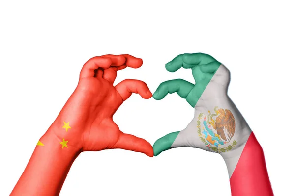 Čína Mexiko Srdce Ruka Gesto Tvorby Srdce Ořezávání Cesta — Stock fotografie