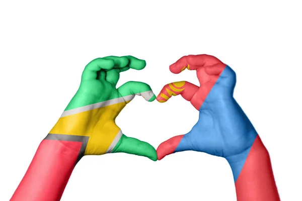 Guyana Mongolia Heart Hand Gesture Making Heart Clipping Path — Stock Photo, Image