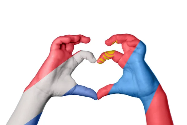 Netherlands Mongolia Heart Hand Gesture Making Heart Clipping Path — Stock Photo, Image
