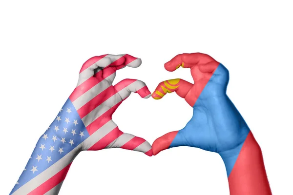 United States Mongolia Heart Hand Gesture Making Heart Clipping Path — Stock fotografie