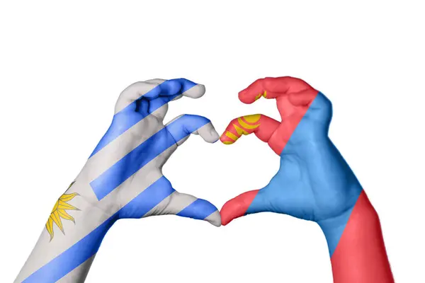 Uruguay Mongolia Heart Hand Gesture Making Heart Clipping Path — Stock Photo, Image