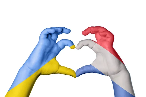 Україна Нідерланди Серце Жест Рук Робить Серце Відсічний Контур — стокове фото