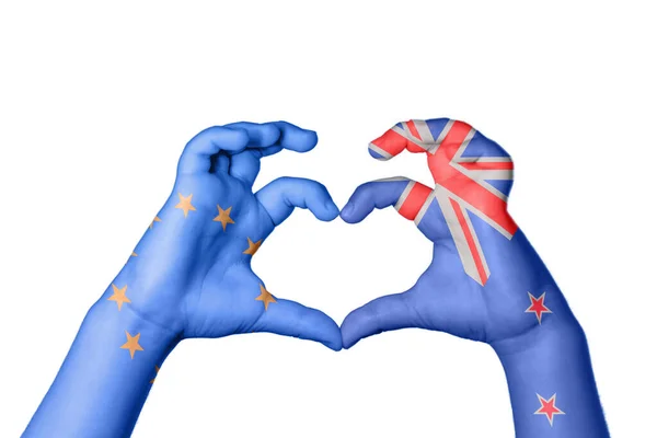 Europese Unie Nieuw Zeeland Hart Hand Gebaar Maken Hart Knippen — Stockfoto