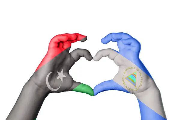 Libya Nicaragua Heart Hand Gesture Making Heart Clipping Path — Stock Photo, Image