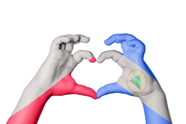 Poland Nicaragua Heart Hand Gesture Making Heart Clipping Path — Stock Photo, Image