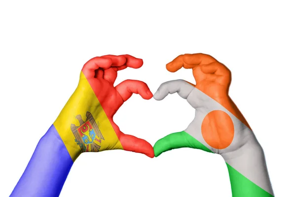 Moldavien Niger Heart Hand Gest Att Göra Hjärta Klippning Path — Stockfoto