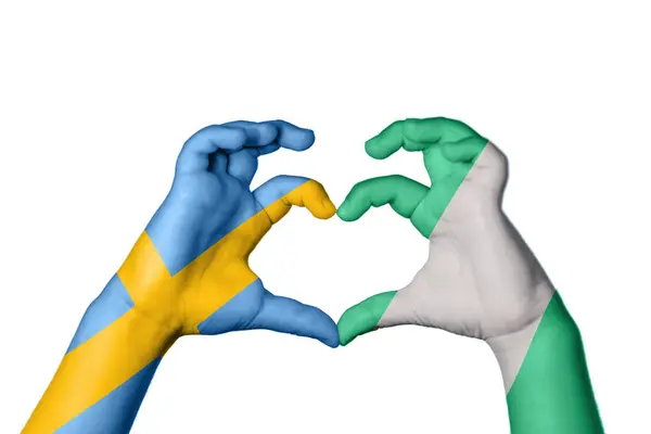 Sweden Nigeria Heart Hand Gesture Making Heart Clipping Path — Stock Photo, Image