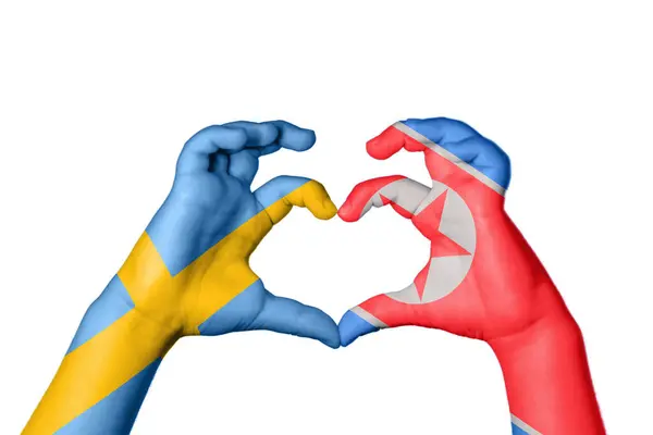 Sweden North Korea Heart Hand Gesture Making Heart Clipping Path — Stock Photo, Image