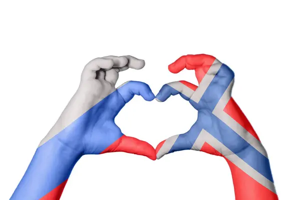 Rusia Noruega Corazón Gesto Mano Que Hace Corazón Recorte Camino — Foto de Stock