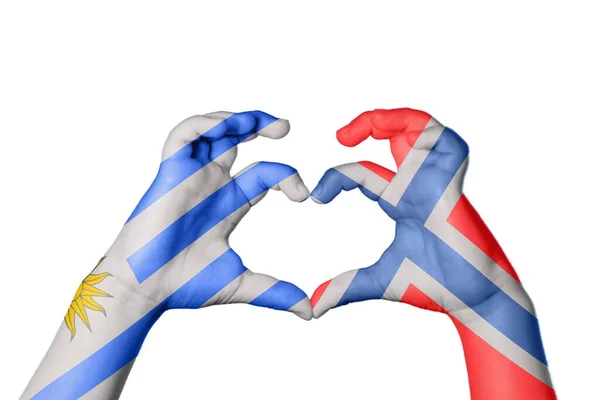 Уругвай Норвегія Серце Жест Рук Робить Серце Відсікаючи Шлях — стокове фото