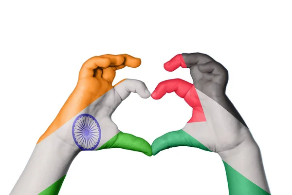 India Palestine Heart Hand Gesture Making Heart Clipping Path — Stock Photo, Image